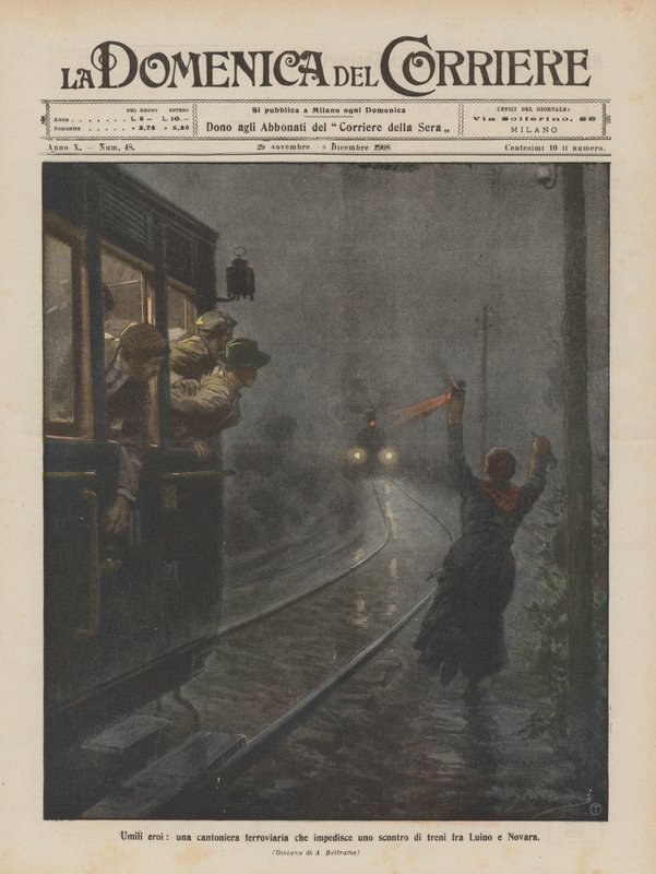 Mütevazı kahramanlar, Luino ve Novara arasında bir tren çarpışmasını önleyen bir demiryolu yolcusu by Achille Beltrame