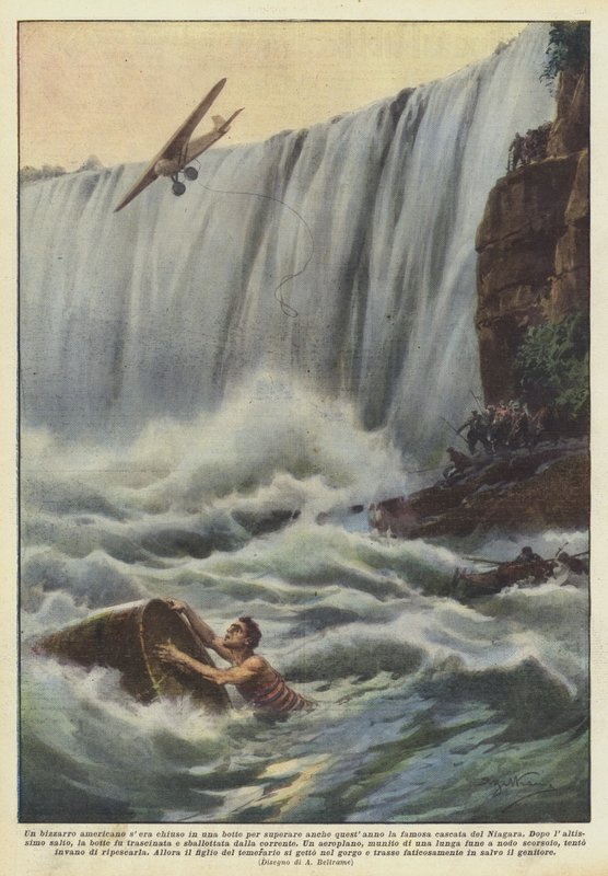 Bu yıl da ünlü Niagara şelalesinin üstesinden gelmek için bir fıçıda kapanan tuhaf bir Amerikan akşamı by Achille Beltrame