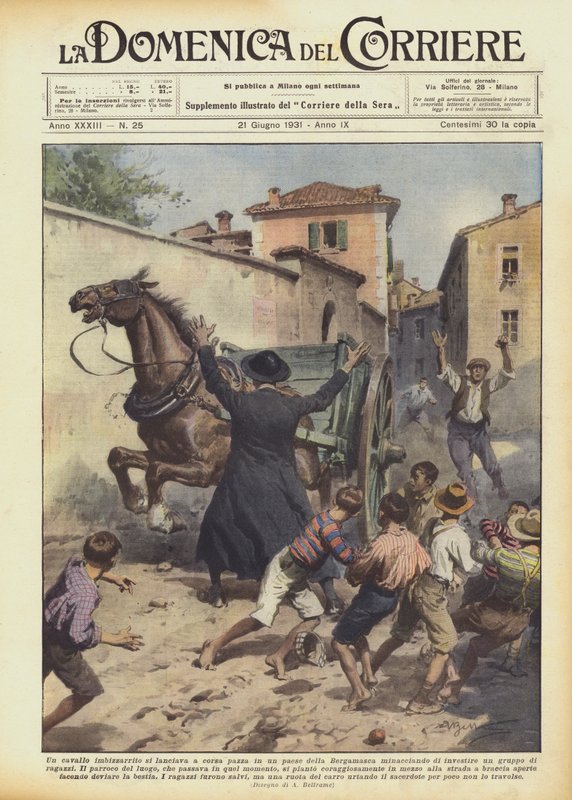 Kaçak bir at, Bergamo bölgesindeki bir köyde çılgınca koşarak tehdit mi etti? by Achille Beltrame