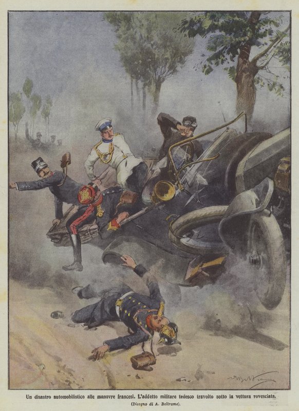 Fransız manevralarında araba faciası, Alman subayı devrilen arabanın altında ezildi by Achille Beltrame