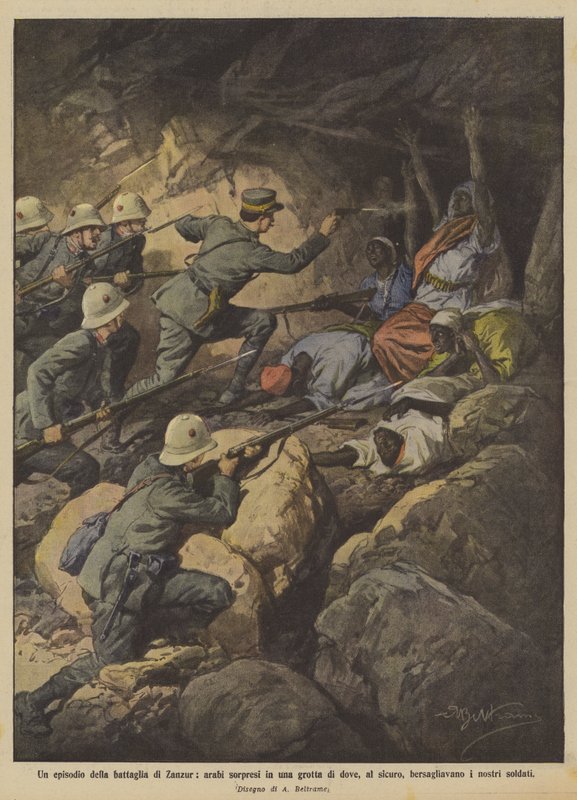 Zanzur savaşından bir bölüm, Arapları şaşırtan bir mağarada nereden, güvenli mi? by Achille Beltrame