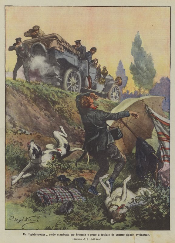 Dört sarhoş bey tarafından bir haydutla karıştırılan ve vurulan bir Sırp küre paçası by Achille Beltrame