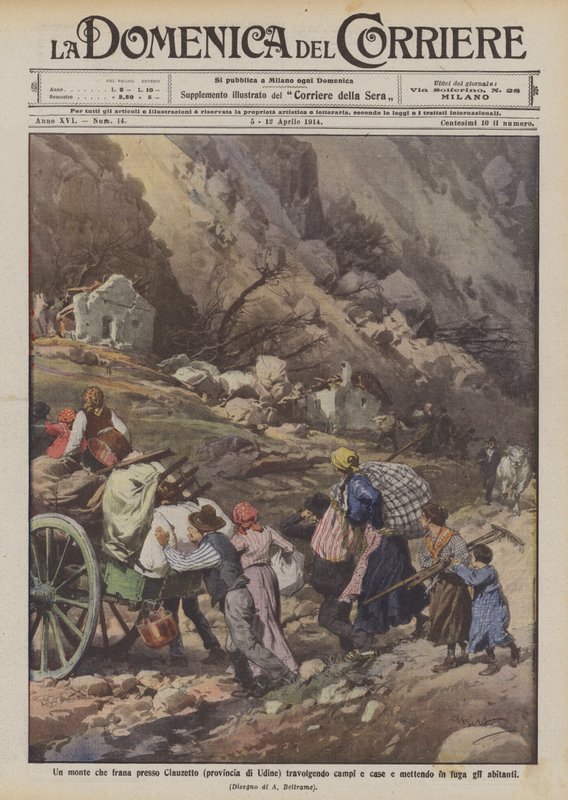 Clauzetto (Udine ili) yakınlarında toprak kayması yapan ve tarlaları ve evleri ezen ve sakinleri kaçan bir dağ by Achille Beltrame