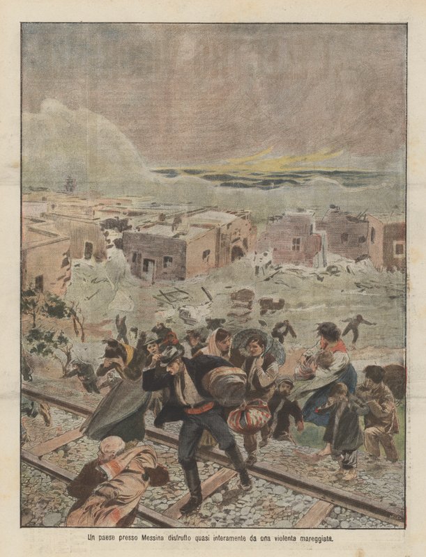 Messina yakınlarındaki bir kasaba, şiddetli bir fırtına tarafından neredeyse tamamen yok edildi by Achille Beltrame