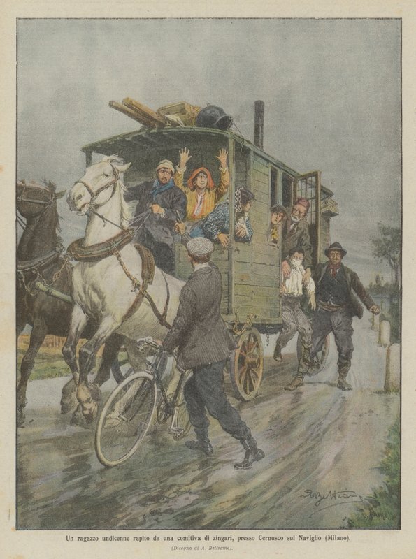 Cernusco sul Naviglio (Milan) yakınlarında bir grup çingene tarafından kaçırılan on bir yaşında bir çocuk by Achille Beltrame