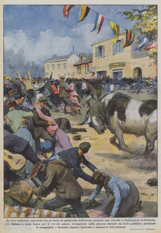 Öfkeli bir boğa, boğa güreşi sırasında arenanın sınırını geçti mi? by Achille Beltrame