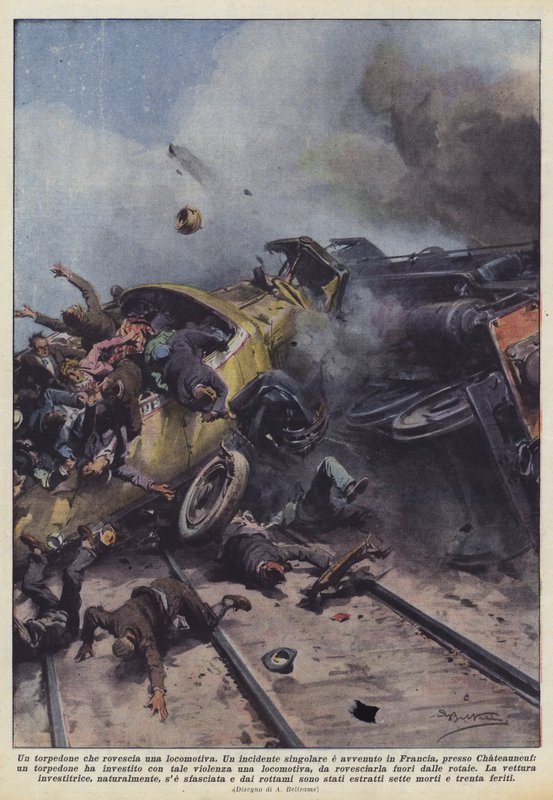 Bir lokomotifi deviren bir otobüs by Achille Beltrame
