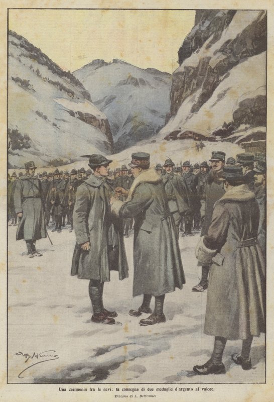 Karda bir tören, cesaret için iki gümüş madalyanın teslimi by Achille Beltrame