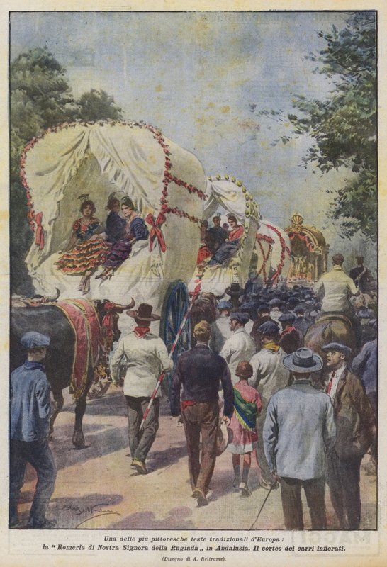 Avrupa'nın en güzel geleneksel festivallerinden biri olan Endülüs'teki Our Lady of the Dew'in Romeria'sı by Achille Beltrame