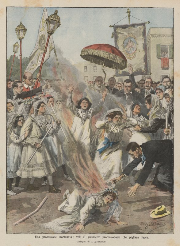 Talihsiz bir alayı, alev alan genç alaycıların peçeleri by Achille Beltrame