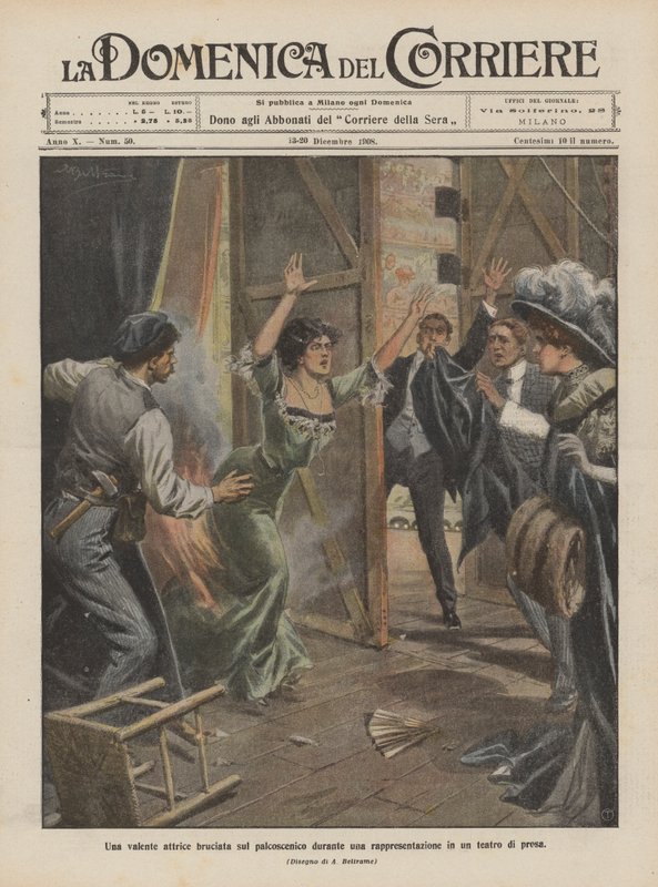 Drama tiyatrosunda bir gösteri sırasında sahnede yanan yetenekli bir oyuncu by Achille Beltrame