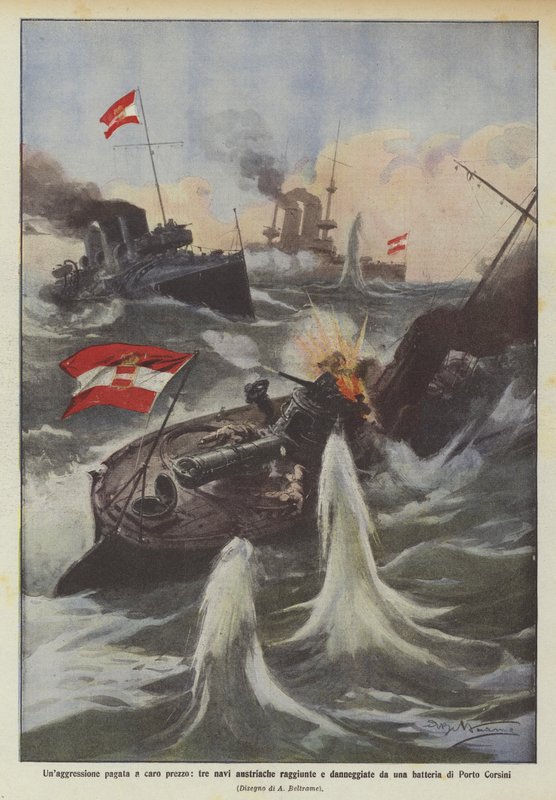 Yüksek bir fiyata ödenen bir saldırganlık, üç Avusturya gemisine ulaştı ve bir Porto Corsini bataryası tarafından hasar gördü. by Achille Beltrame