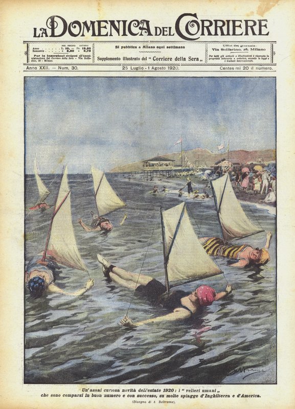 1920 yazının çok ilginç bir yeniliği, çok sayıda ve birlikte ortaya çıkan insan yelkenli gemiler? by Achille Beltrame