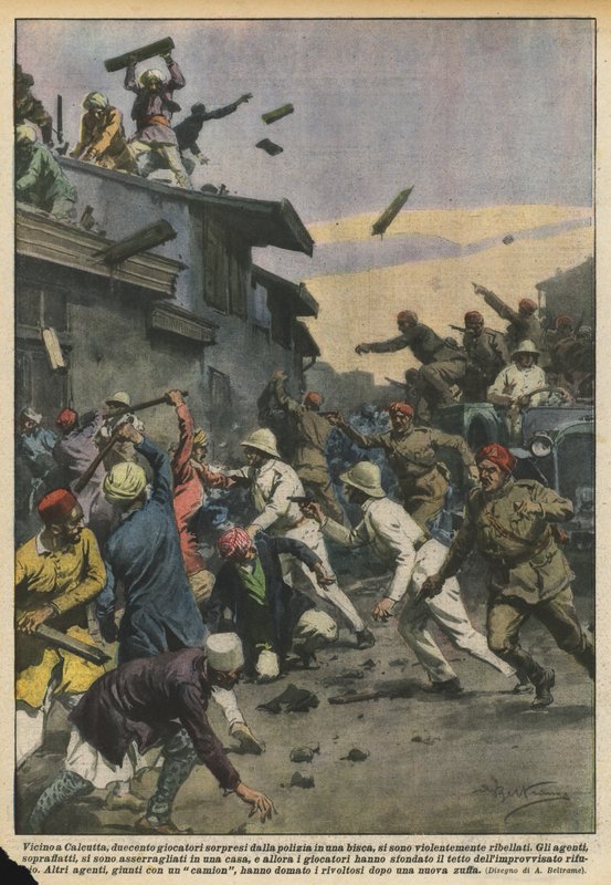 Kalküta yakınlarında, bir kumarhanede polis tarafından şaşırtılan iki yüz kumarbaz şiddetle isyan etti by Achille Beltrame