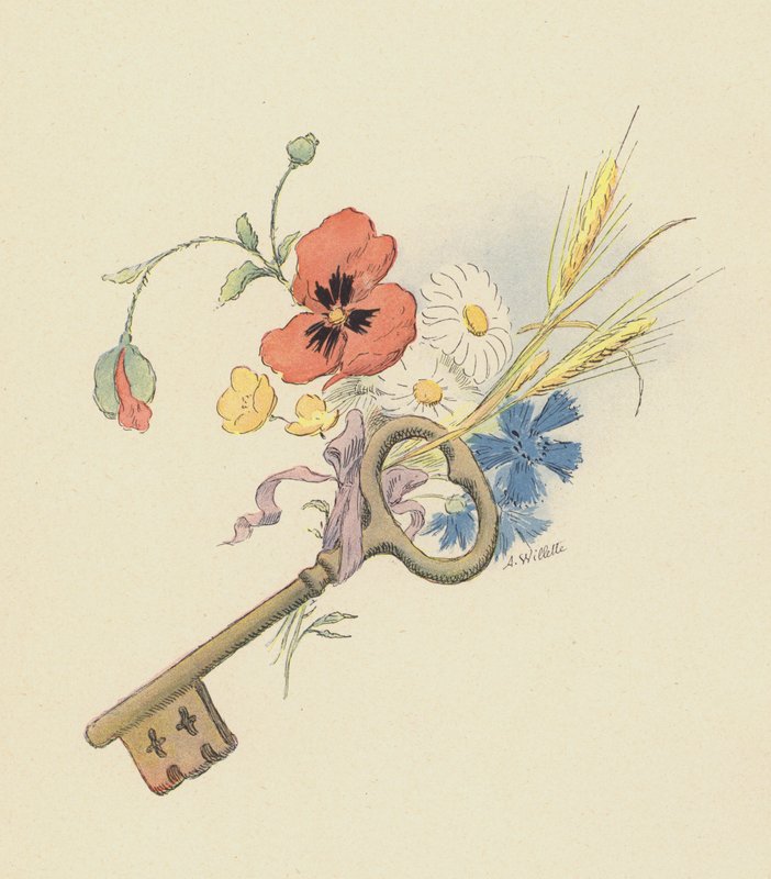 Anahtar ve çiçekler (renkli lito) by Adolphe Leon Willette