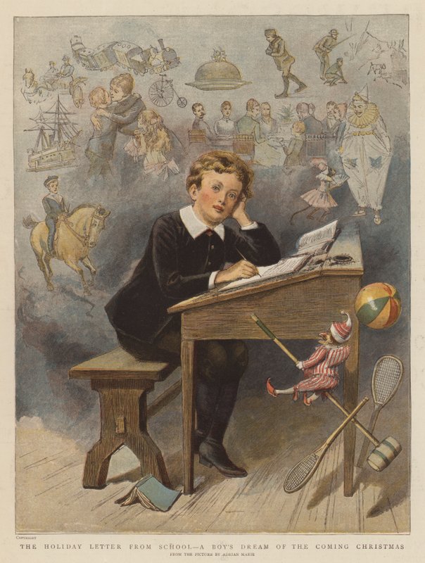 Okuldan Tatil Mektubu, Bir Çocuğun Yaklaşan Noel Rüyası (chromolitho) by Adrien Emmanuel Marie