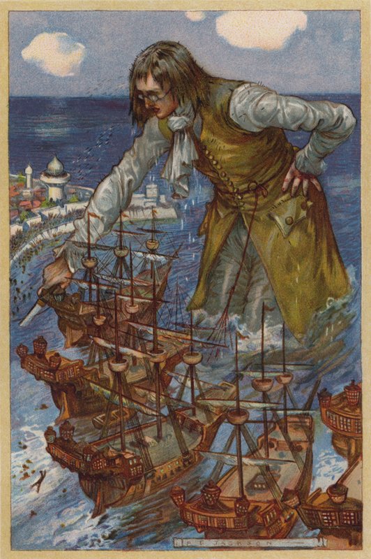 Gulliver, Blefuscudians Filosunu Ele Geçirdi (chromolitho) by Albert Edward Jackson