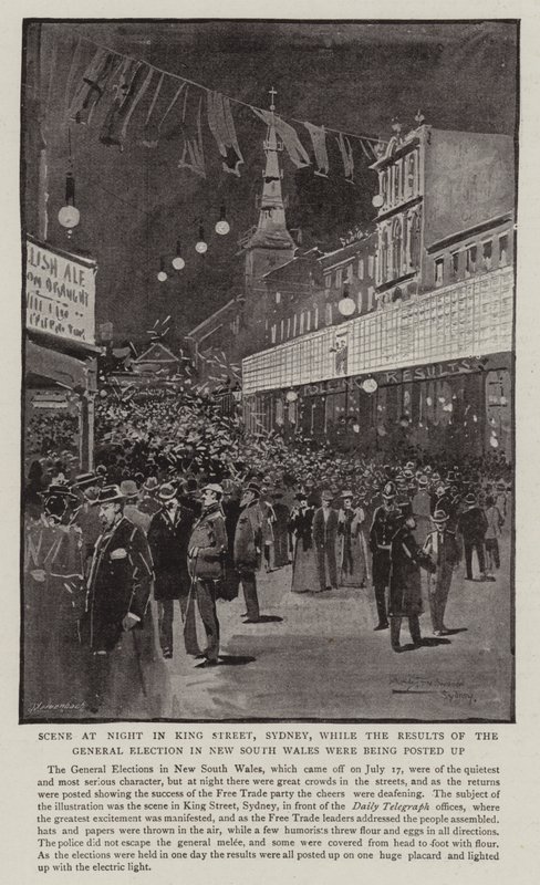 Yeni Güney Galler'deki Genel Seçim Sonuçları ilan edilirken Sidney, King Street'te Gece Sahnesi by Albert Henry Fullwood