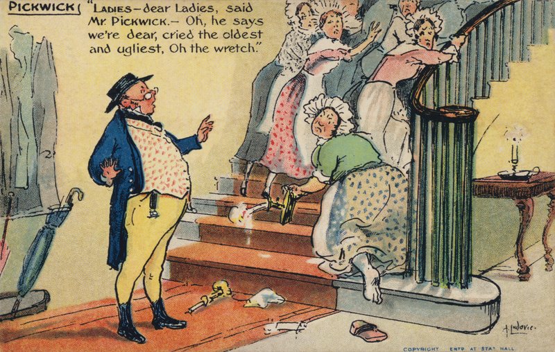 Bay Pickwick bir grup kadını rahatsız ediyor (chromolitho) by Albert Jnr. Ludovici