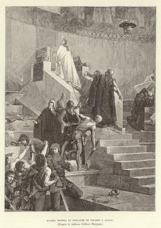 Anagni'de Sciarra Colonna ve Guillaume de Nogaret. Sciarra Colonna ve Guillaume de Nogaret, İtalya'nın Anagni kentinde Papa Boniface VIII ile karşı karşıya geliyor. by Albert Pierre Rene Maignan