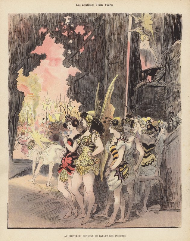 Theatre du Chatelet, Paris'te Ballet des Insectes'in prodüksiyonu sırasında kulis (renkli taş) by Albert Robida