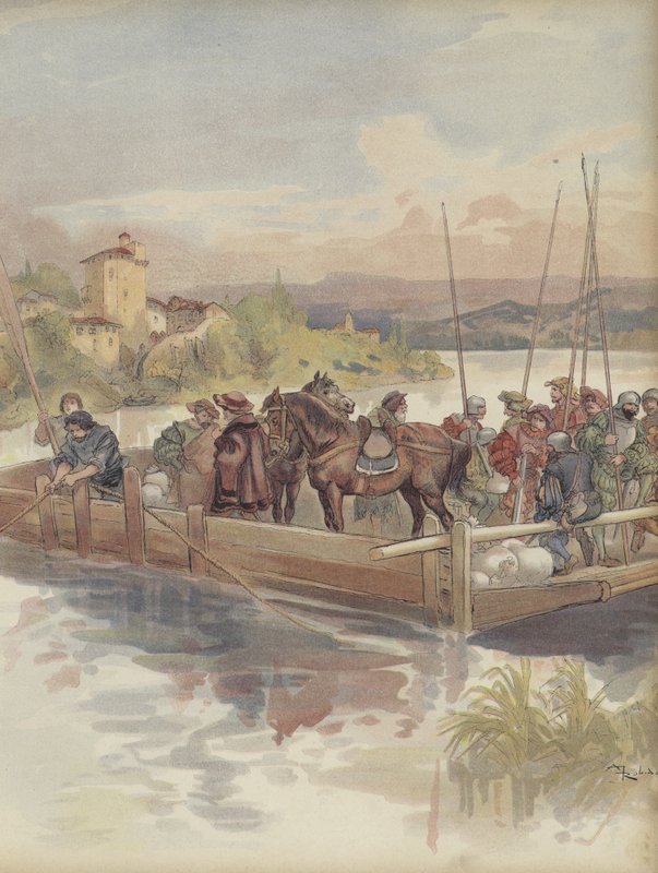 Burbon kaçıyor, feribottan geçerken askerler tarafından tanınmaz hale geliyor by Albert Robida