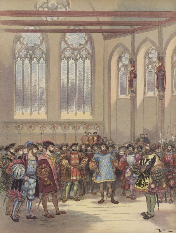 Charles-Quint tarafından gönderilen haberci Burgundy, Parlamentonun büyük salonunda Francois Ier tarafından karşılandı. by Albert Robida