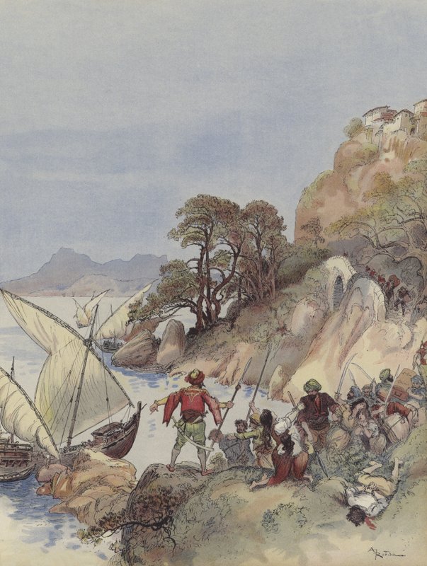 Barbarlar Akdeniz kıyılarında terör estiriyor, sakinleri kaçırıp onları köle olarak satıyorlar. by Albert Robida