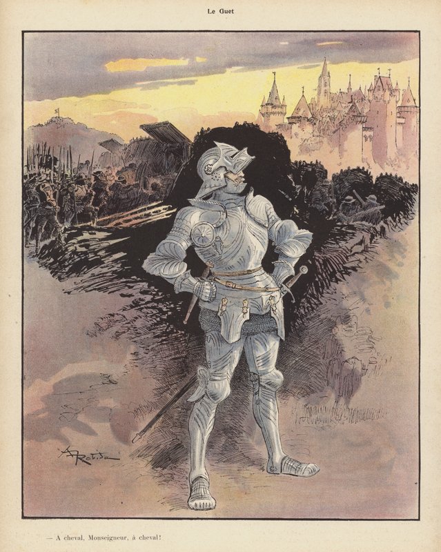 Saat; bir şehrin kuşatmasını izleyen zırhlı asker (renkli taş) by Albert Robida