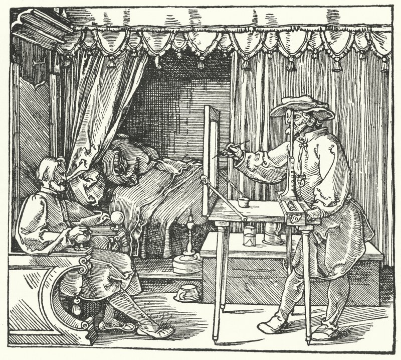 Bir cam levha üzerinde nesnenin ana hatlarını işaretleyerek ölçekli bir görüntü üretme yöntemi (gravür) by Albrecht (after) Durer or Duerer