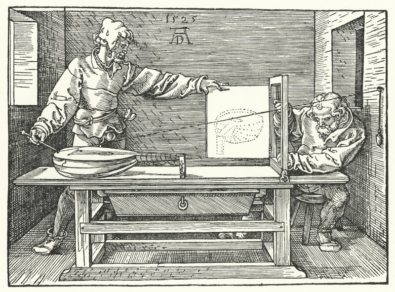 Bir udun perspektif görüntüsünü oluşturmak için dizelerin kullanılması (gravür) by Albrecht (after) Durer or Duerer