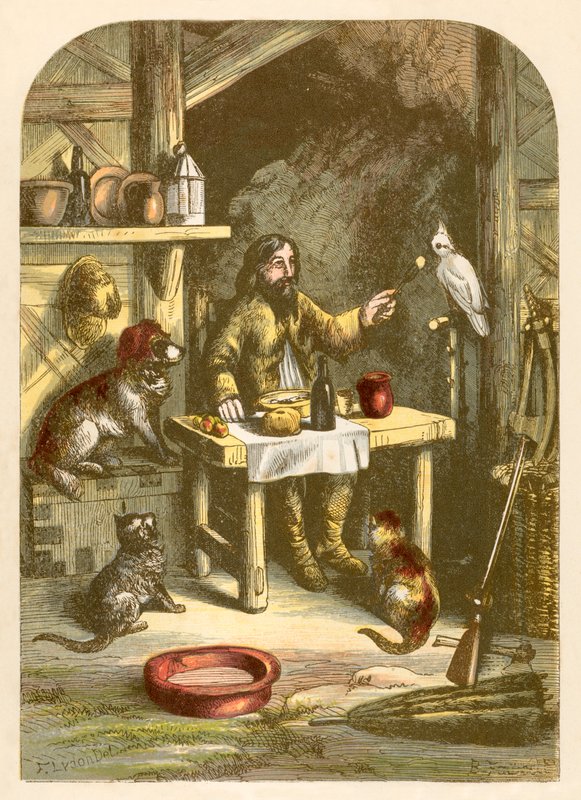 Robinson Crusoe küçük ailesiyle akşam yemeğinde by Alexander Francis Lydon