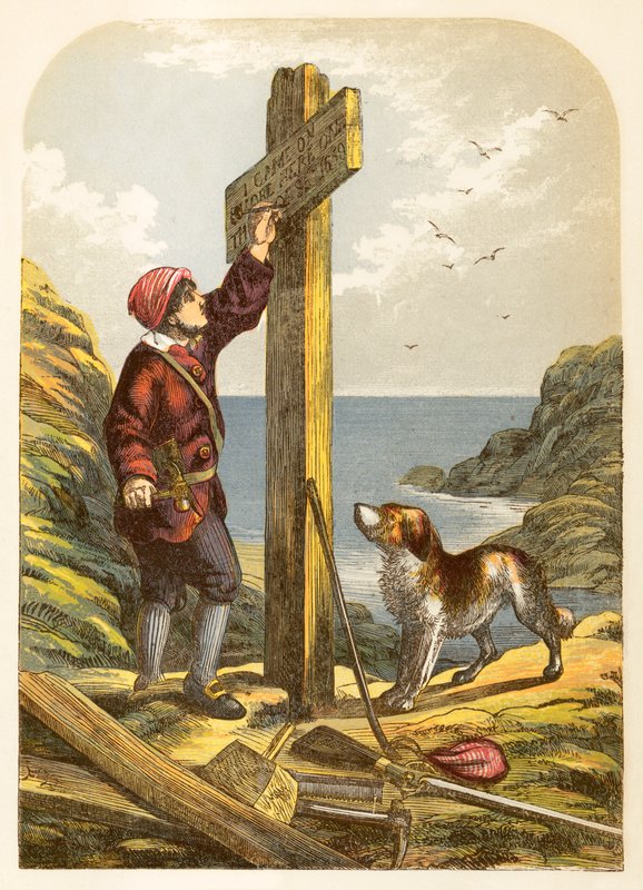 Robinson Crusoe kıyıda bir direk dikiyor by Alexander Francis Lydon