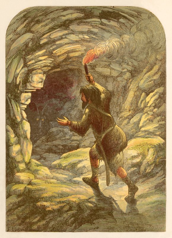 Robinson Crusoe mağarada bir keçiden korkmuş by Alexander Francis Lydon
