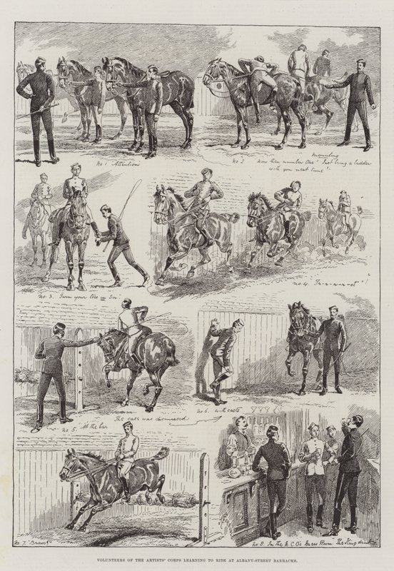 Albany-Street Kışlasında ata binmeyi öğrenen Sanatçılar Birliği gönüllüleri by Alfred Courbould