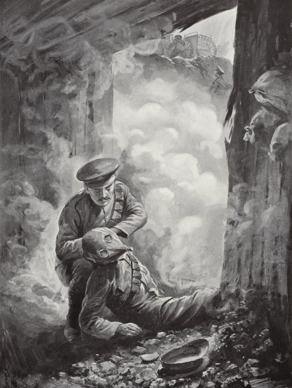 Acting Sergeant John Raynes putting his smoke-helmet on Sergeant Ayres following the explosion of a gas shell, 11 October 1915  by Alfred Pearse