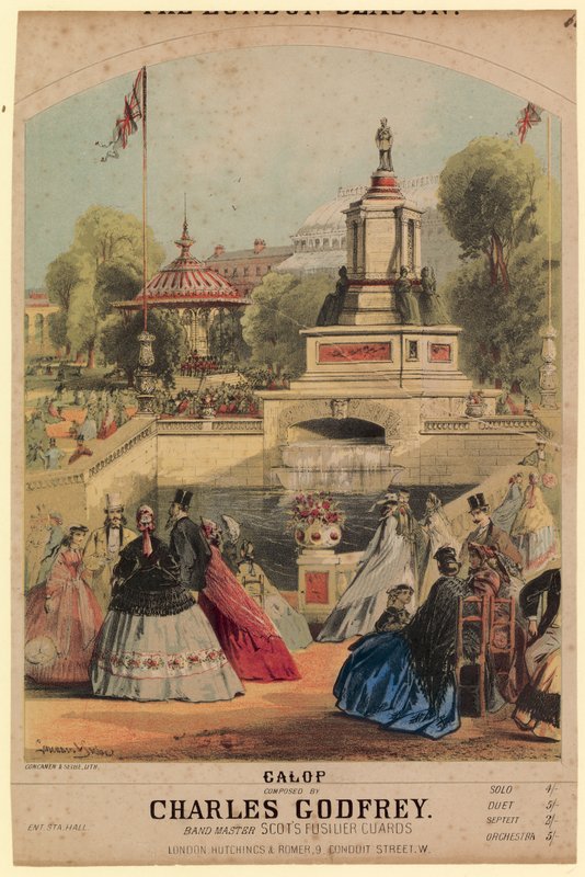 Galop. 1862 Sergisi ile aynı zamana denk gelecek şekilde oluşturulan Kraliyet Bahçıvanlık Derneği bahçesini gösteriyor by Alfred Concanen