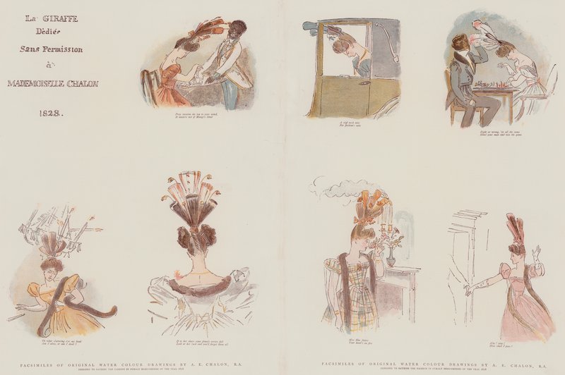 1828 Yılının Kadın Baş Elbiselerinde Modayı Hiciv Etmek İçin Tasarlanmış Orijinal Sulu Boya Çizimlerinin tıpkıbasımları (chromolitho) by Alfred Edward Chalon