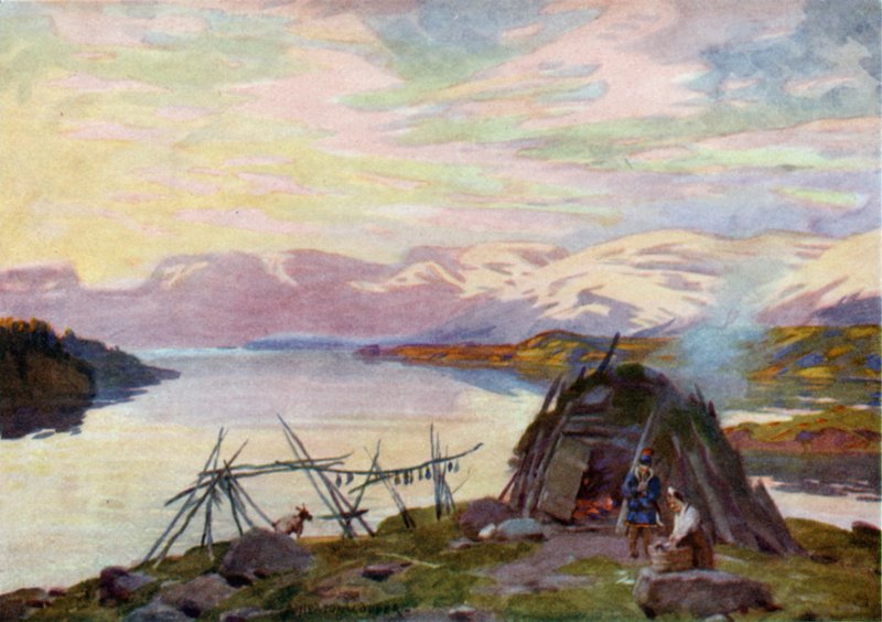 A Lapp Hut on Lake Torne Trask, Midnight  by Alfred Heaton Cooper
