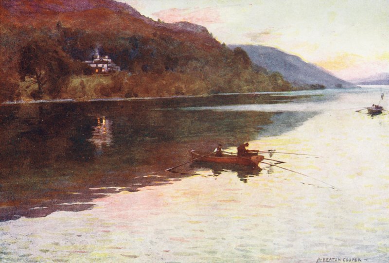 Göller Bölgesi: Brantwood, Coniston Gölü, Char-balıkçılığı (renkli lito) by Alfred Heaton Cooper