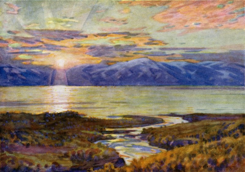 Midnight Sun over Lake Torne Trask, from Abisko  by Alfred Heaton Cooper