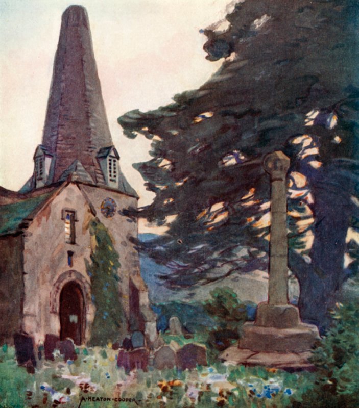 Porlock Kilisesi ve Haç (renkli taş) by Alfred Heaton Cooper
