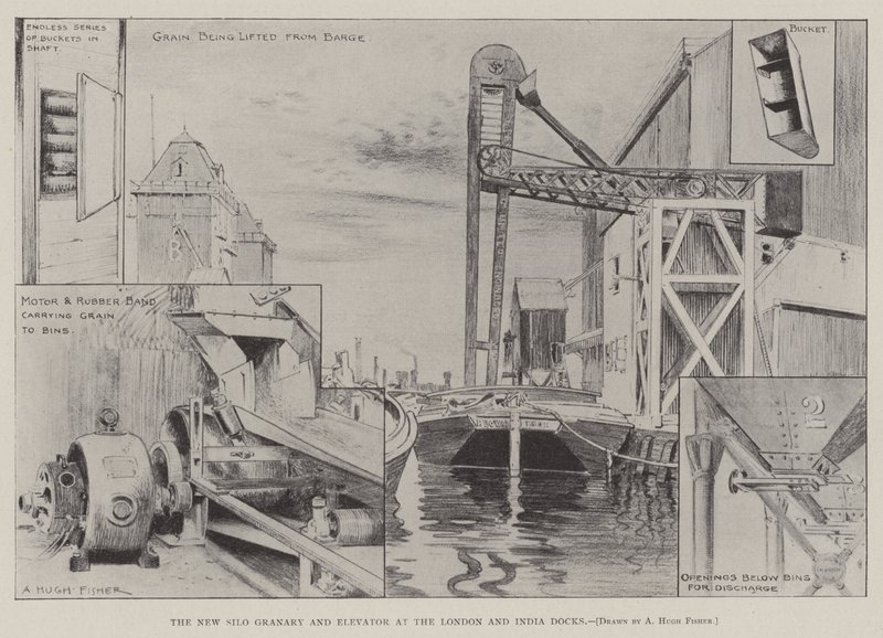 Londra ve Hindistan Rıhtımlarında Yeni Silo Tahıl Deposu ve Asansör by Alfred Hugh Fisher