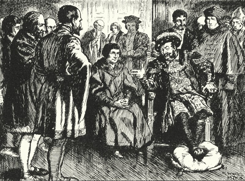 Henry VIII Mahkemesinde Sir Thomas More, krallara direnerek onu eğlendirmek için bir şeyler söyletmeye çalışıyor by Alfred Wallis Mills