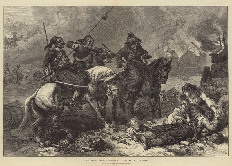 Savaş, Bashi-Bazuklar bir köyü yakıyor by Alfred William Hunt