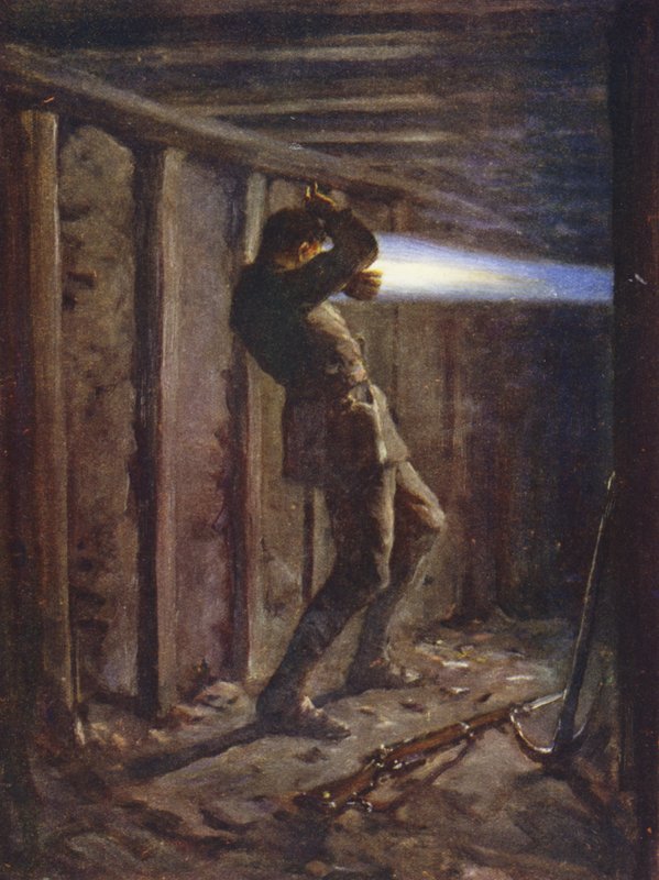 Bir maden galerisinin düşman tarafından fışkıran ve ciddi şekilde yanan Er T Bytheway, 20 Ekim 1915 (renkli taş) by Allan (after) Stewart
