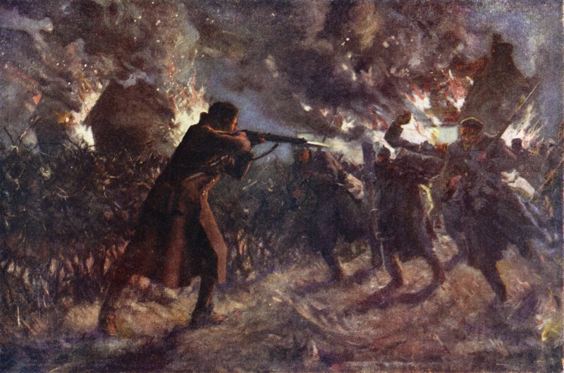 Er James Meston, bir İngiliz siperini ele geçirdikten sonra ilerleyen düşmanlardan birkaçına tek başına saldırıyor, Birinci Ypres Savaşı, 31 Ekim 1914 (renkli taş) by Allan (after) Stewart