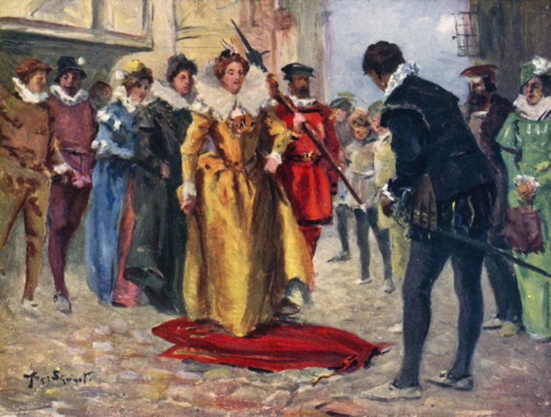 Raleigh Eşcinsel Pelerinini Çıkardı ve Miry Yamasının Ötesine Yerleştirdi (renkli lito) by Allan (after) Stewart