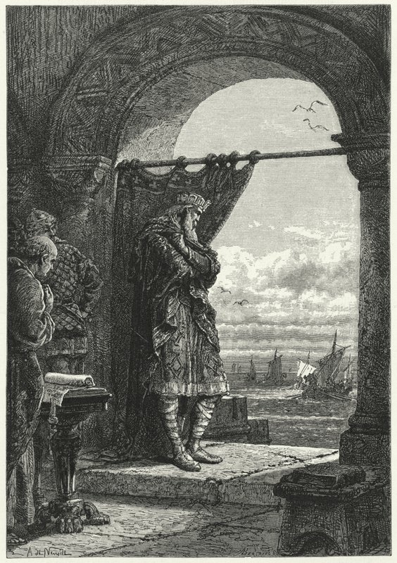 Charlemagne, Norman akıncılarını taşıyan gemilerin yaklaşmasını endişeyle izliyor (gravür) by Alphonse Marie de (after) Neuville