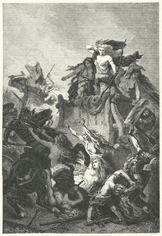 Kamplarını ölümüne savunan Cermen kadınlar (gravür) by Alphonse Marie de (after) Neuville